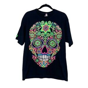 ESQUIZO Day of the Dead neon and black Skull Tee size Large